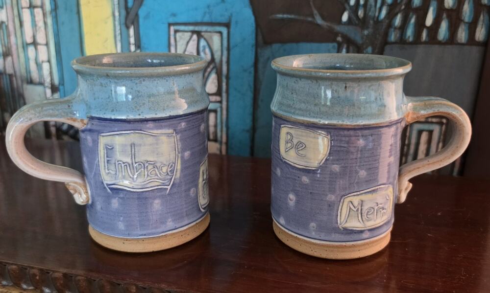 Vintage Blue Hand-Crafted Oversized St Augustine Mugs Glazed Pottery Set of Two!